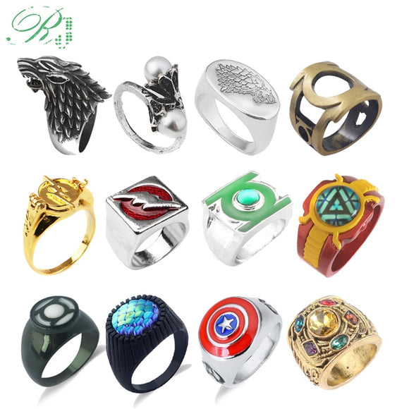 RJ Dropshipping Jewelry Avengers Rings Super Heros Series Green Lantern Aquaman Iron Man Captain America Thanos Anillos For Men