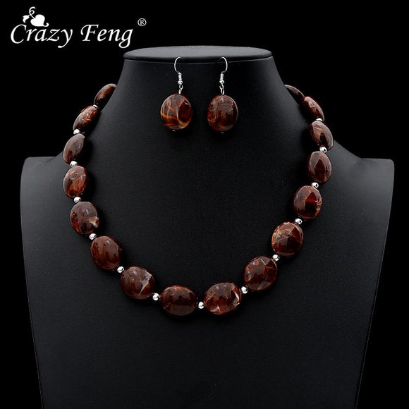 Crazy Feng Vintage African Jewelry Sets For Women Oval Stone Beaded Necklaces Drop Earrings Set 2019 Fashion Jewelry NE+EA