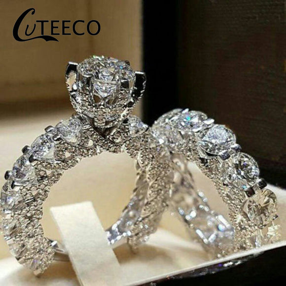 Cuteeco 2019 New Fashion Dazzling Silver Natural Jewelry White Rings Set Bride Wedding Engagement Jewelry Ring Size 5 6 7 8 9 10