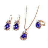 Fashion Waterdrop Shiny Rhinestones Necklace Ring Earrings Women Jewelry Set