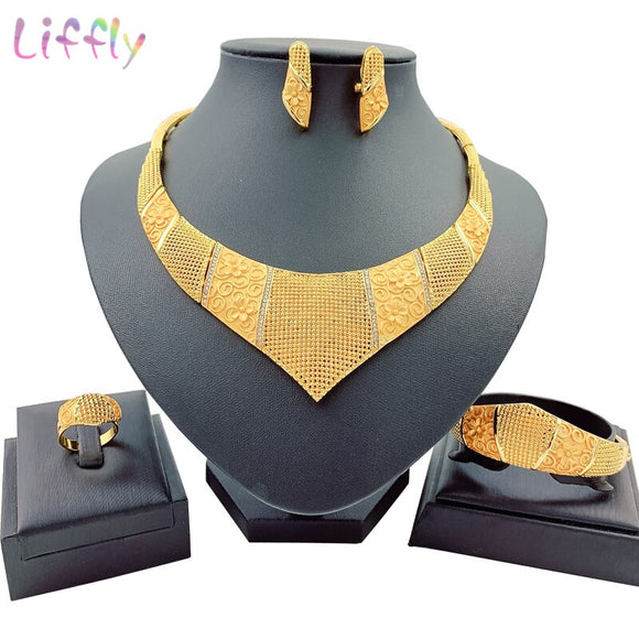 African Women Big Necklace Charm Women Jewelry Sets Crystal Earrings Ring Classic Wedding Fashion Jewelry Set for Bride