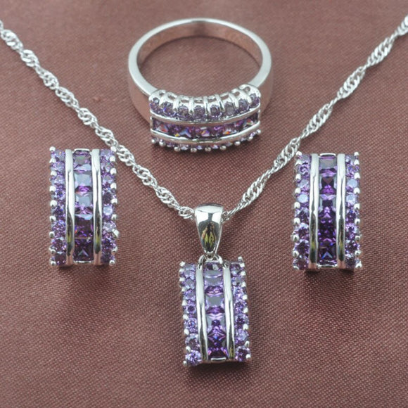 2019 New Natural Purple Crystal Women's 925 Sterling Silver Jewelry Sets Necklace Pendant Earrings Ring Free Shipping TZ0143
