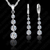 Trendy Long 925 Sterling Silver Link Chain Crystal Pendant Necklace Hoop Earrings Jewelry Set For Women Wedding Party
